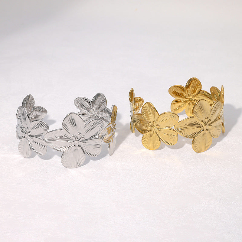 Retro Wide Bracelet Flower Simple Ins French Niche Stainless Steel Bracelet