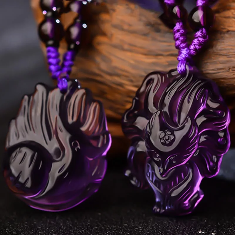 Natural Amethyst White Crystal Citrine Nine Tailed Fox Luck Necklace Pendant