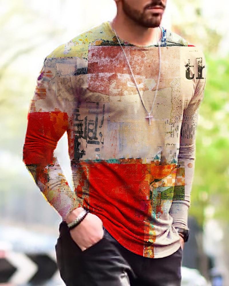 men's long-sleeved T-shirt with abstract oil painting print
