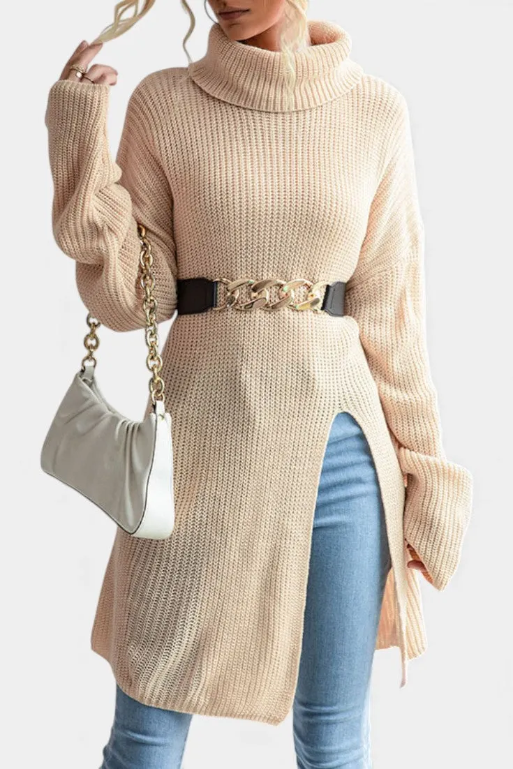 Belted Turtleneck Sweater with Side Slit