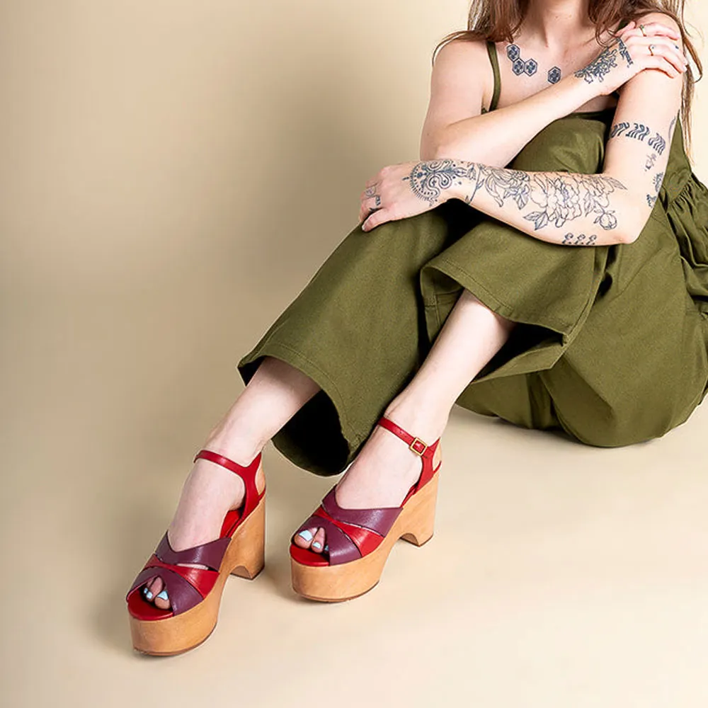 Red & Burgundy Peep Toe Ankle Strap Platform Sandals for Women