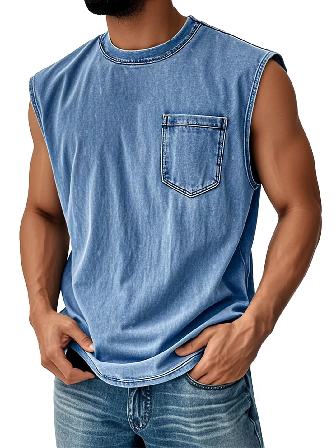 Men's Vintage Distressed Casual Round Neck Pocket Solid Color Sleeveless Vest
