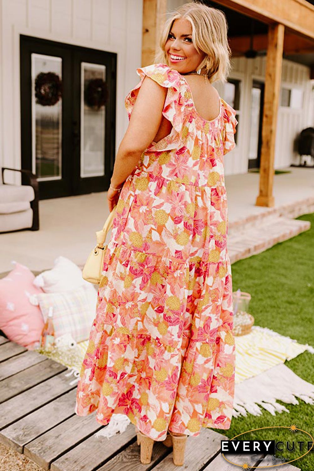 Orange Floral Print Shirred Ruffled Sleeveless Plus Size Dress