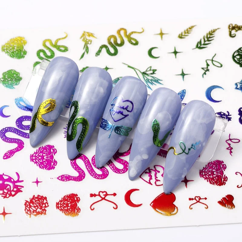 1 Sheet 3D Nail Sticker Gold Colorful Snake Rose Pattern Transfer Decals Sliders For Nails DIY Nail Art Decoration Manicures