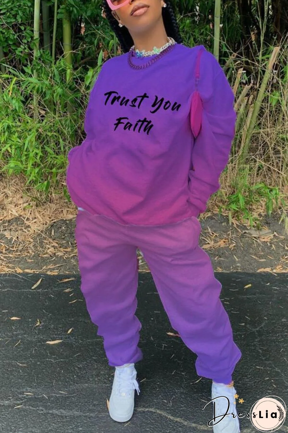 Fashion Casual Gradual Change Letter Print Two Piece Set