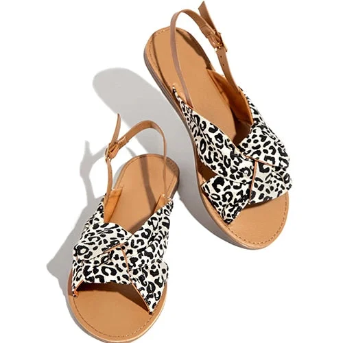 Women Leopard Sandals Summer Bowtie Ladies Ankle Strap Buckle Round Toe Denim Flat Female  2020 Footwear Plus Size