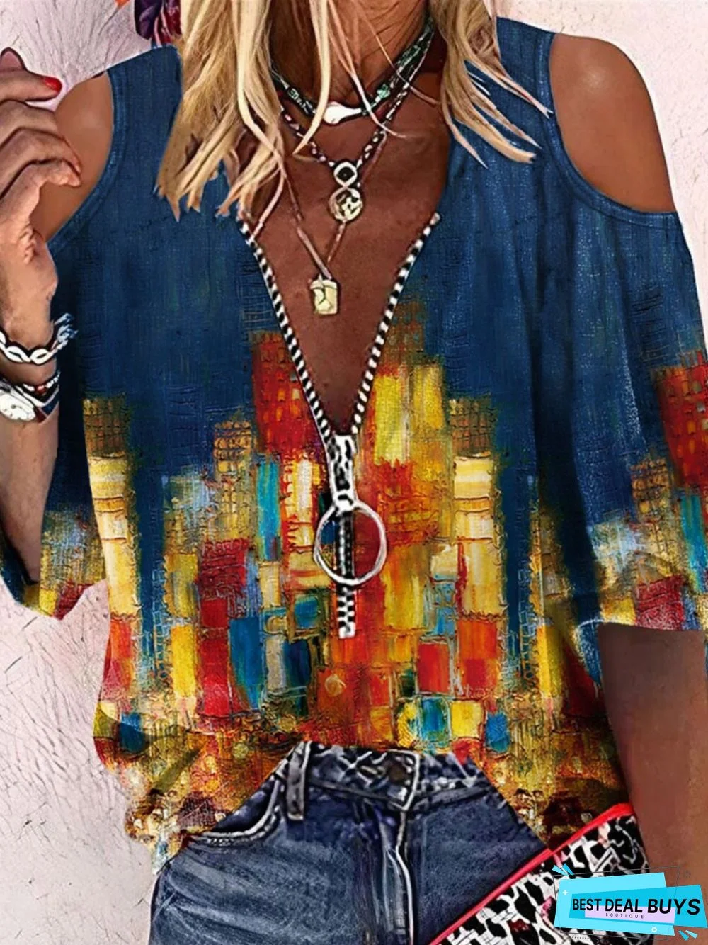 Casual Abstract Three Quarter V Neck Printed Top