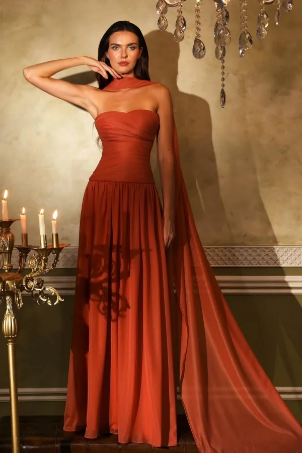 Burnt Orange Chiffon Strapless Prom Dress ZT0659
