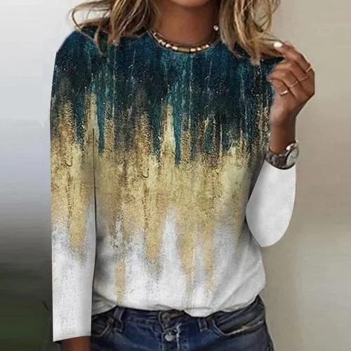 Abstract Color Block Crew Neck Casual Shirt