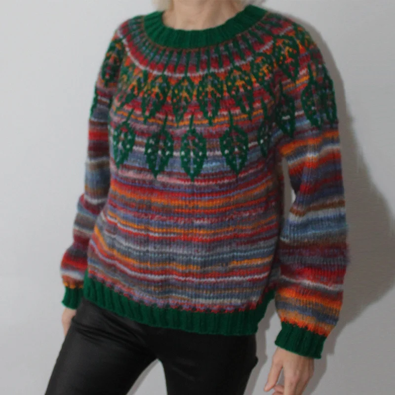 Vintage Iceland Stripe Leaf Pattern Women's Sweater