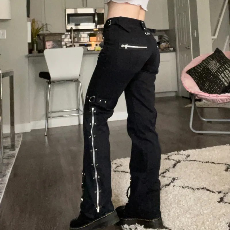 Rapcopter Metal Zipper Flare Jeans Goth Black Low Waisted Cargo Pants Pockets Punk Academic Fashion Sweatpants Women Korean Jean