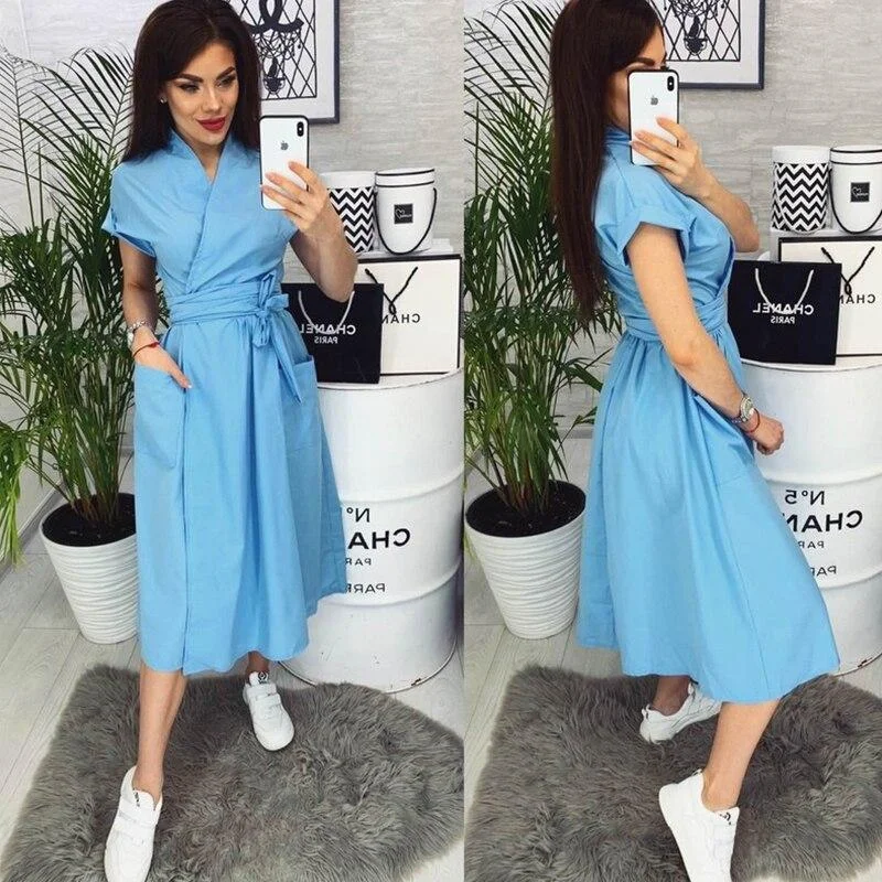 Women Casual Sashes A-line Party Dress Office Ladies V Neck Short Sleeve Dress 2023 New Fashion Summer Solid Elegant Midi Dress