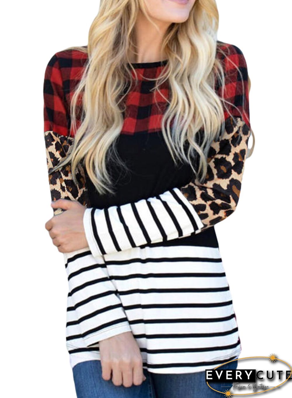 Plaid Print Leopard Splicing Striped Color Block Long Sleeve Top