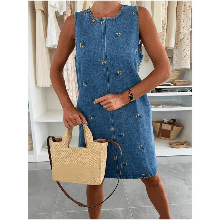 Denim Embroidered Flowers Sleeveless Dress 