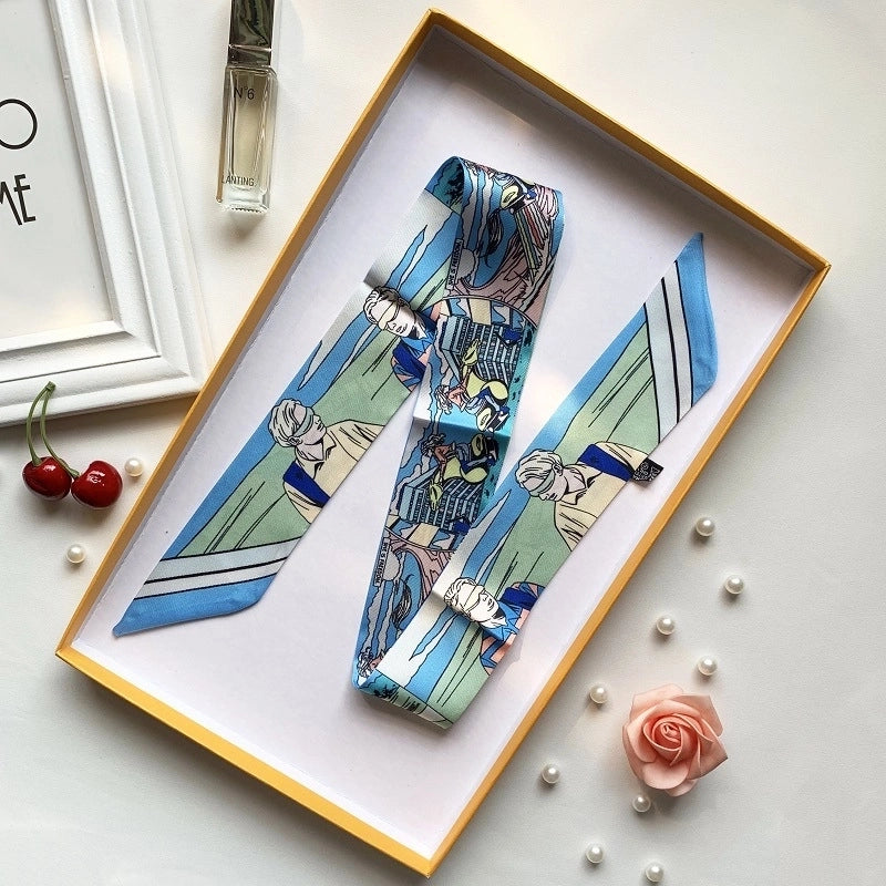 Women’s Minimalist Classic Style Color Block Satin Printing Silk Scarf