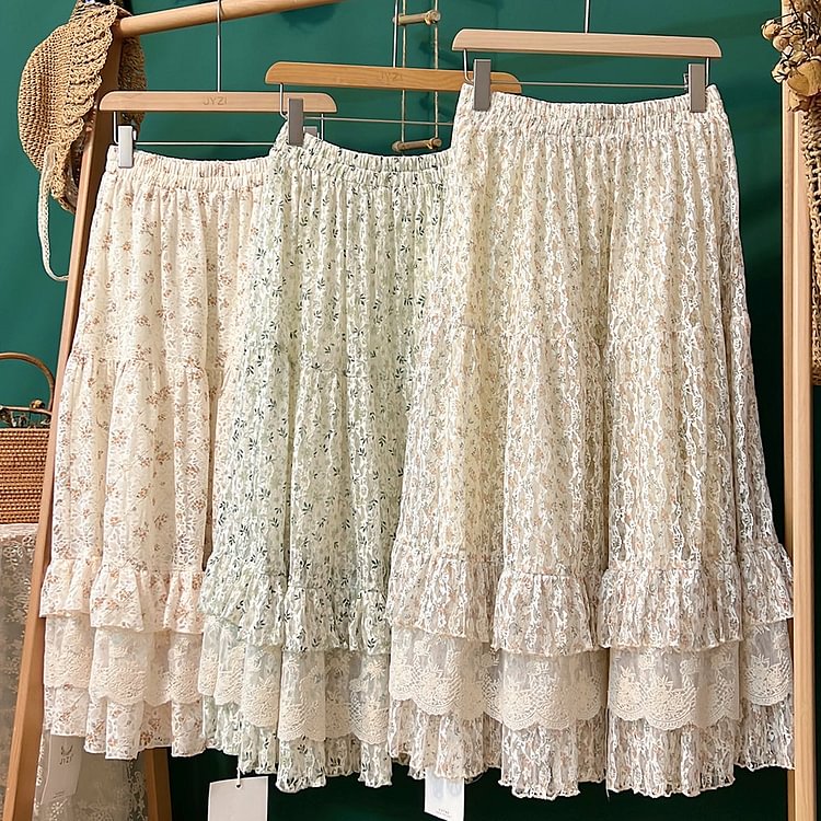 Queenfunky cottagecore style Lace Floral Skirt QueenFunky