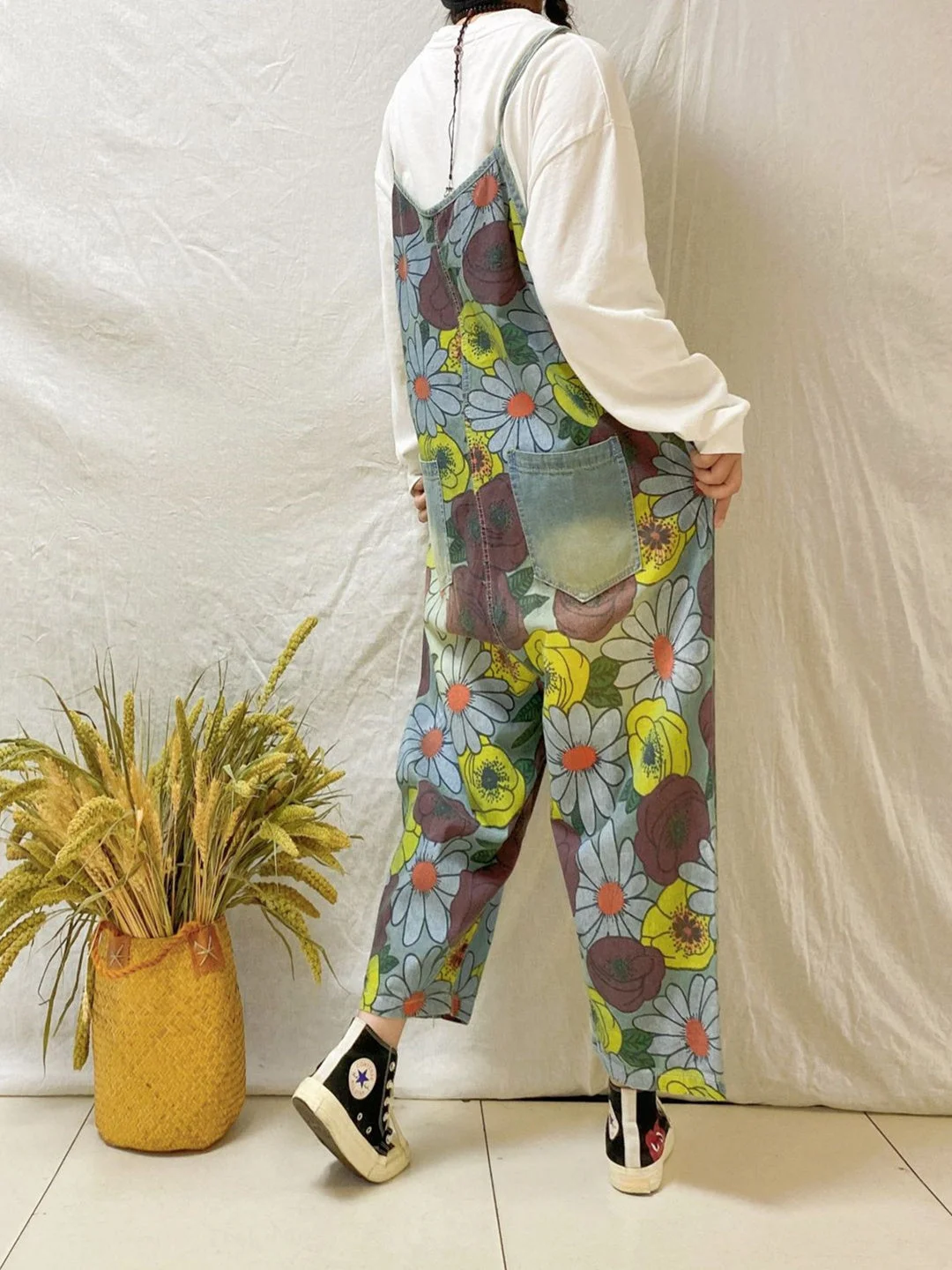Women's Floral Printed Casual Retro Cropped Workwear Denim Overalls Jumpsuit
