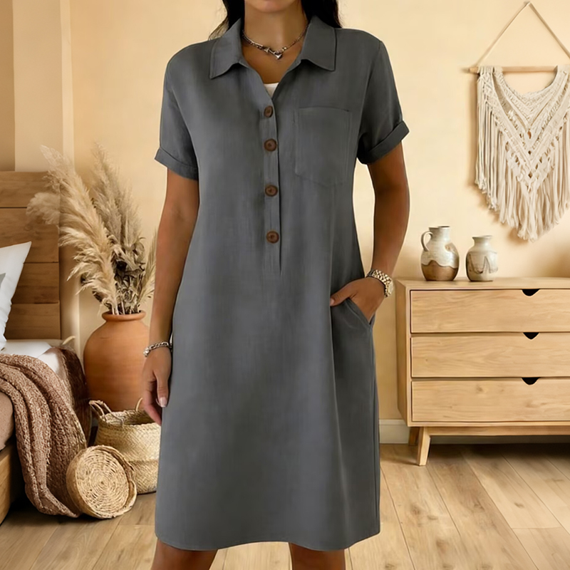 Comstylish Women's Solid Color Collared Short Sleeve Midi Shirt Dress