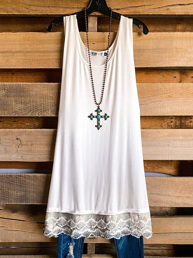 Western U Neck Sleeveless Stitching Lace Hem Plain Dress
