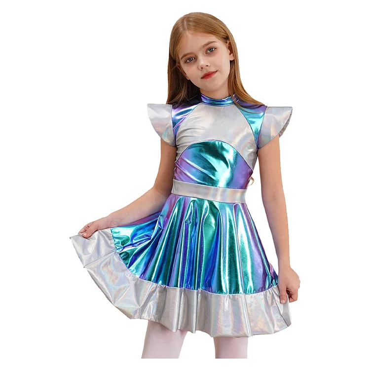 Kids Children Alien Robot Laser Blue Dress Headband Outfits Cosplay Costume