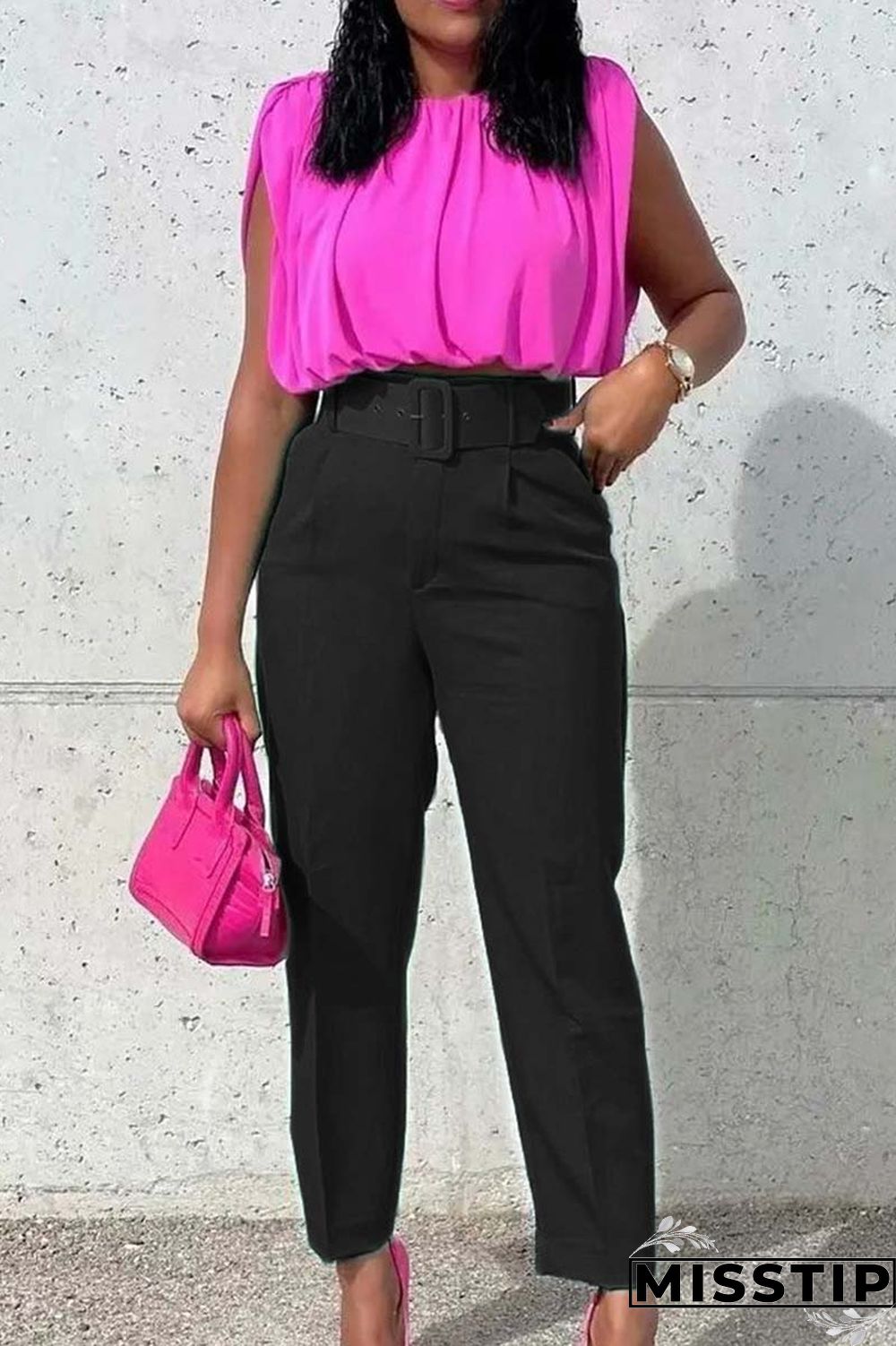 Pink Casual Solid Patchwork With Belt Regular High Waist Conventional Solid Color Trousers
