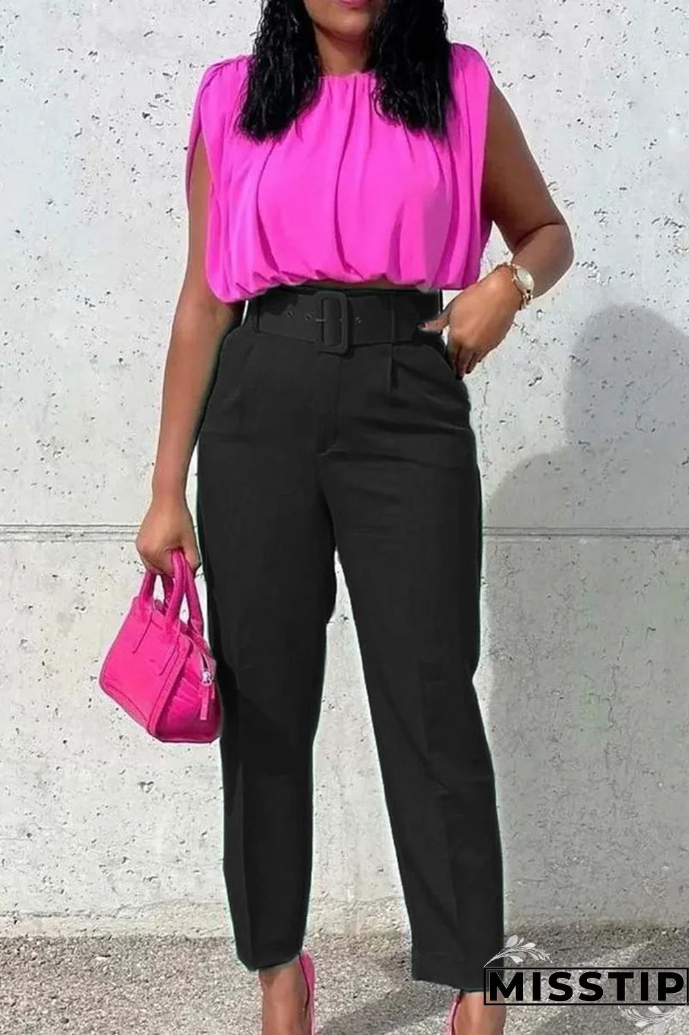 Pink Casual Solid Patchwork With Belt Regular High Waist Conventional Solid Color Trousers