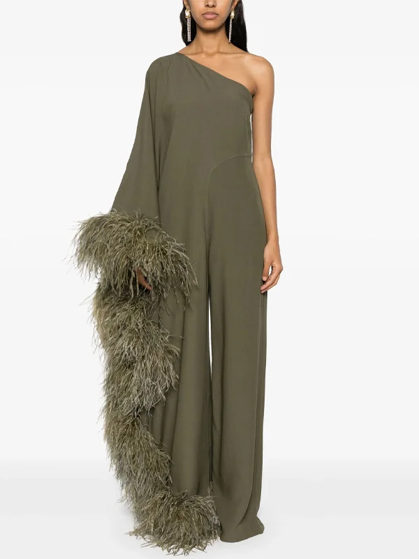 One-shoulder Solid Color Feather Jumpsuit