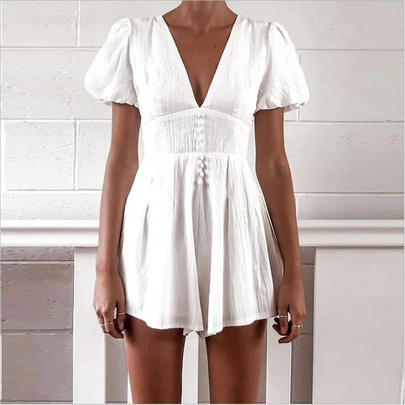 Women's Summer White Jumpsuit Puff Sleeve Deep V-Neck Casual Jumpsuit Retro French Jumpsuit Wide Leg