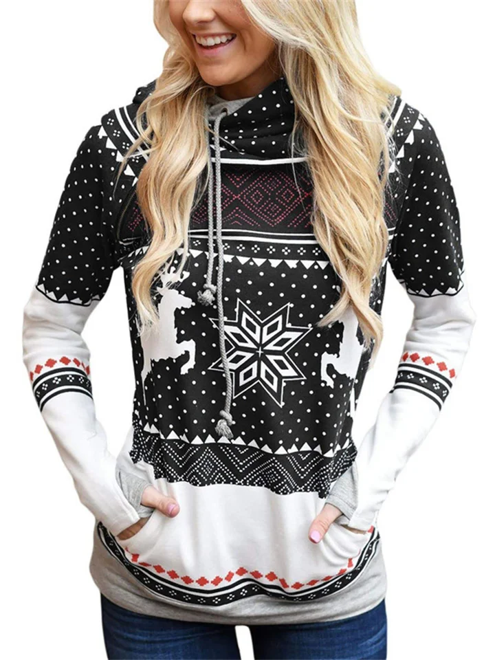 Autumn New Fashion Commuter Women's Burst Christmas Printing Pockets Long-sleeved Hooded Casual Sweater Women-Cosfine
