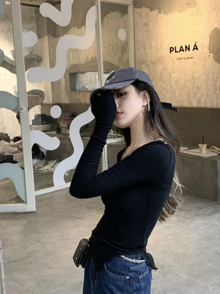 Long Sleeve T-shirts Female Fungus Line Irregular Hem Knitted Slender Autumn Bottoming Tees Chic Fashion  Sol. Ulzzang News
