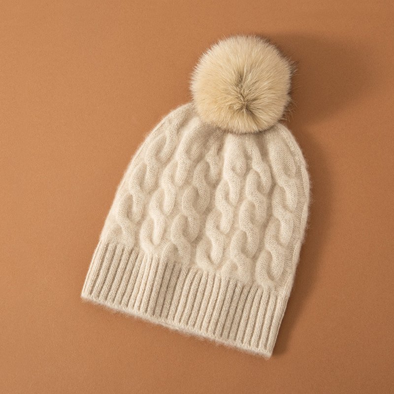 Cable Cashmere Beanie Hat With Fur REAL SILK LIFE