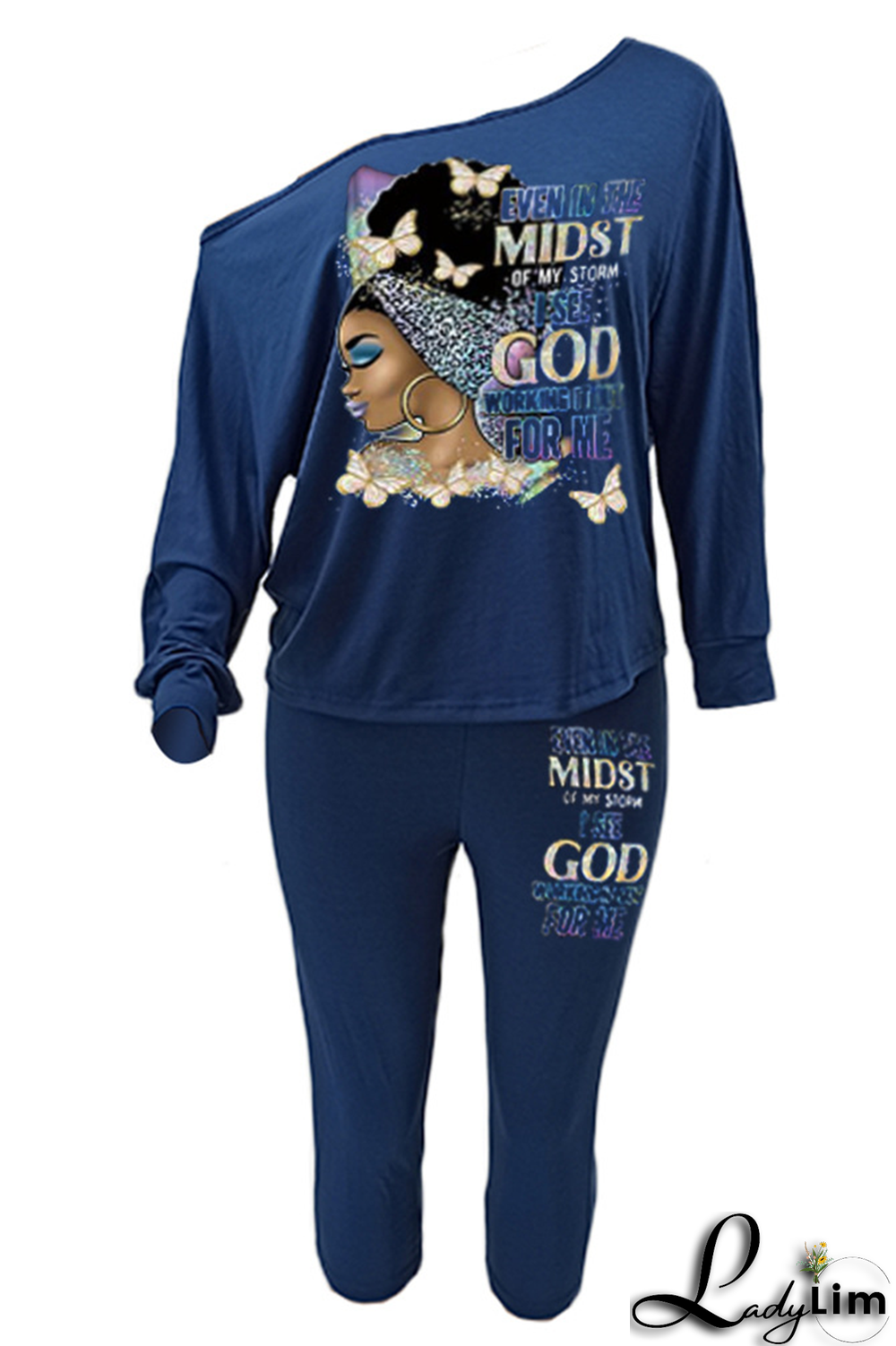 Black Fashion Print Patchwork One Shoulder Long Sleeve Two Pieces