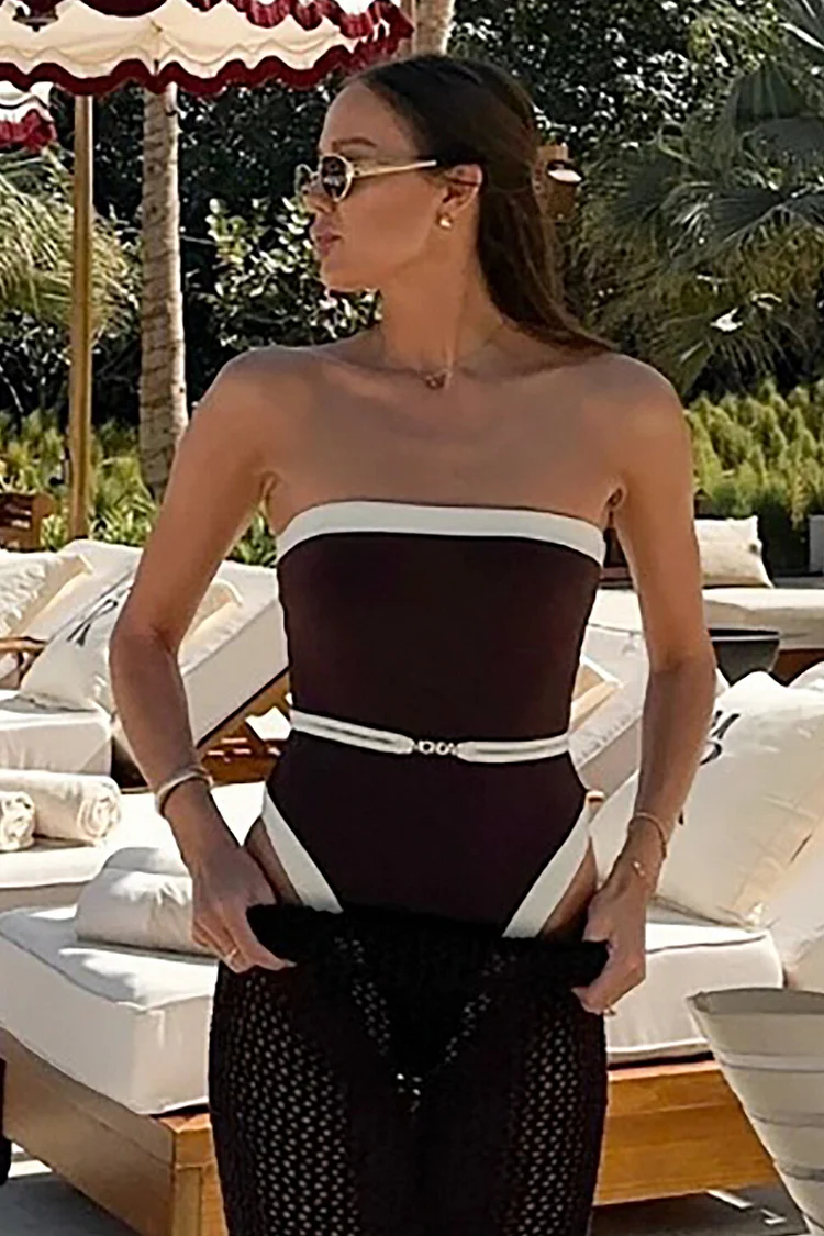 Contrast Piping Boat Neck Strapless One-Piece Swimsuit-Brown