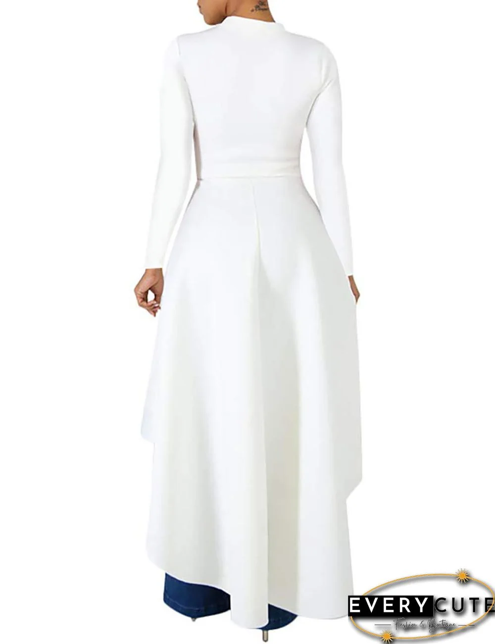 White Ruffle High Low Asymmetrical Long Sleeve T-Shirt Dress