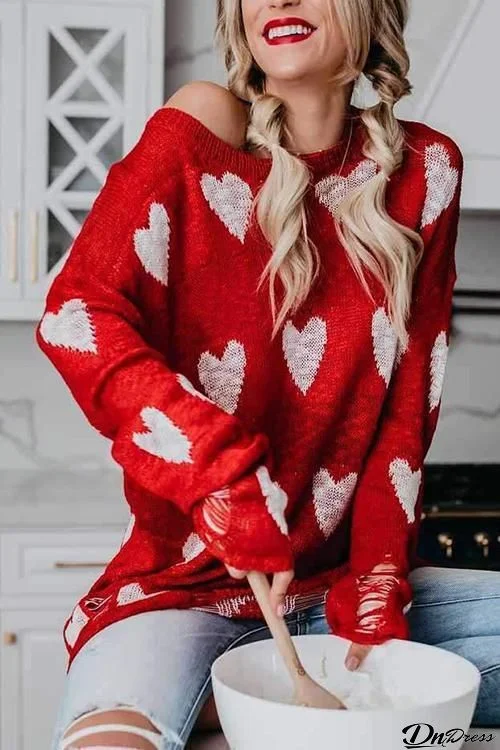 Heart Print Off Shoulder Sweater