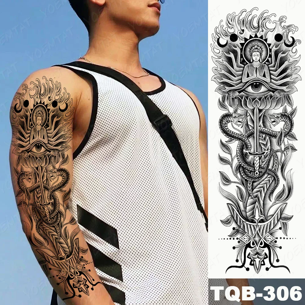 Sdrawing Arm Waterproof Traditional Temporary Tattoo Stickers Women Men Black Line Flowers Koi Crane Thigh Body Art Fake Tattoos