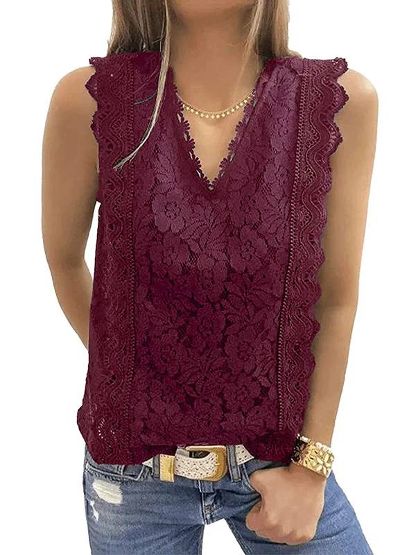 Original Lace Embroidered Solid Color Falbala Vest Top