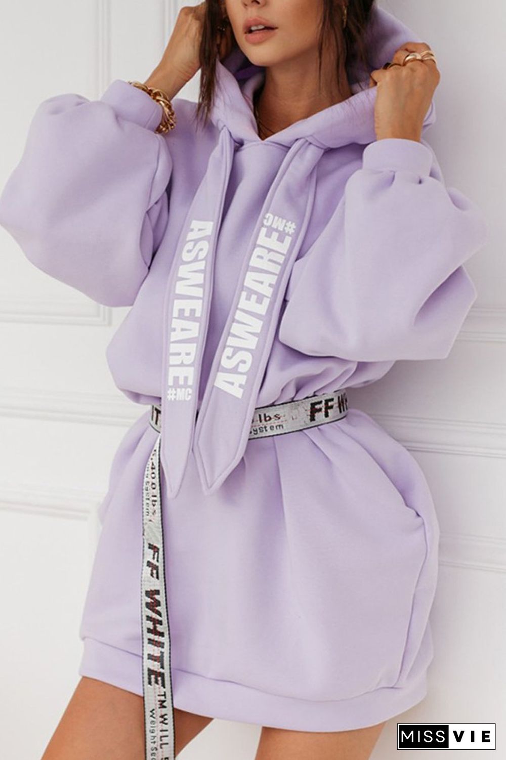 Letter Print Drawstring Hooded Dress