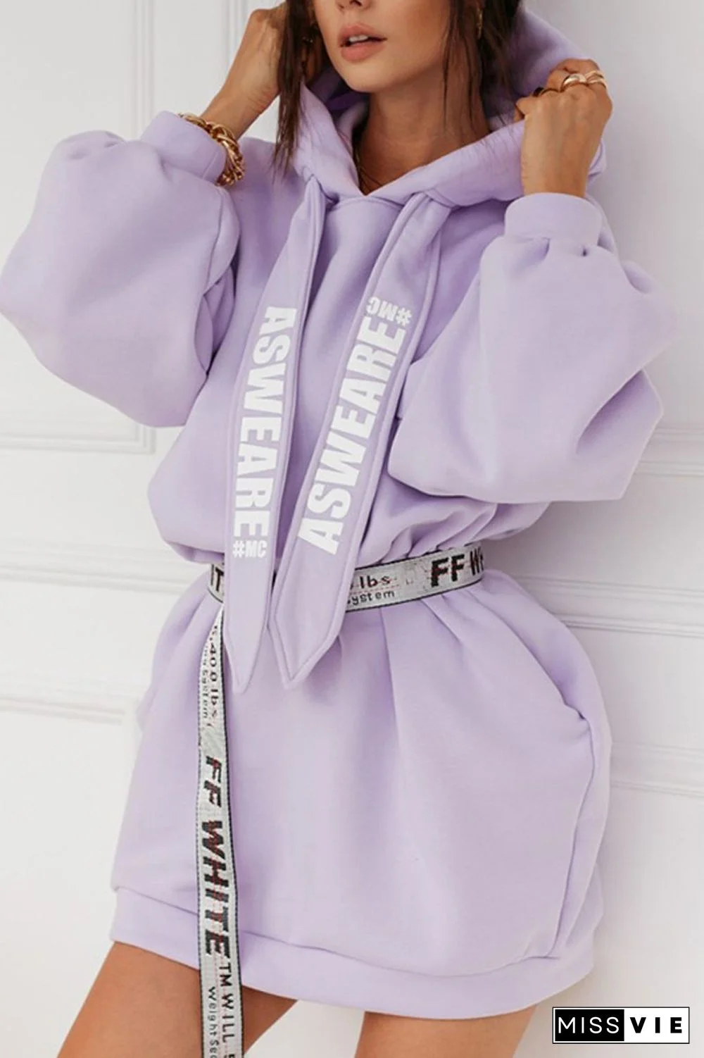 Letter Print Drawstring Hooded Dress