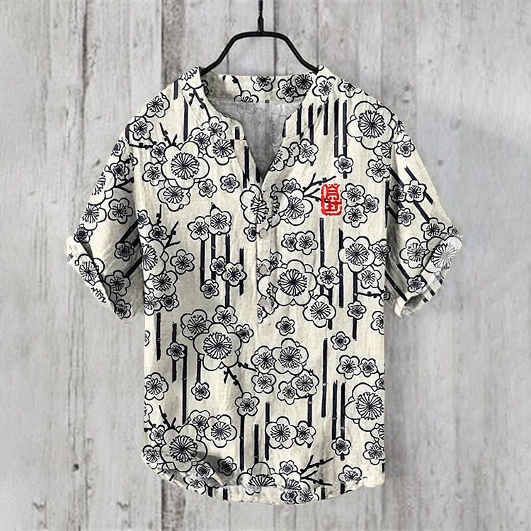 Comstylish Japanese Art Flower Print V-Neck Casual Shirt