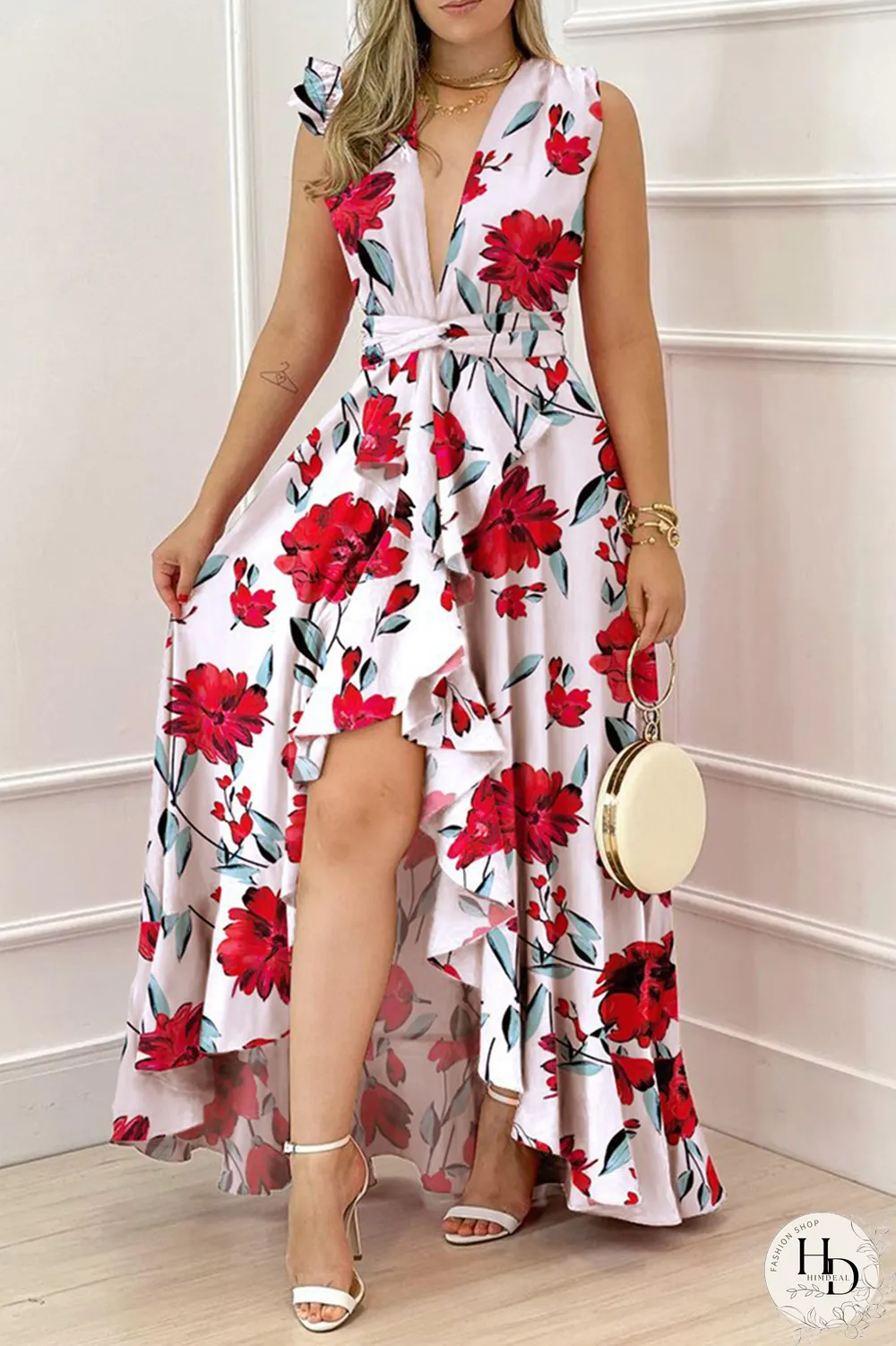 Vacation Print Flounce V Neck Waist Skirt Dresses(4 Colors)