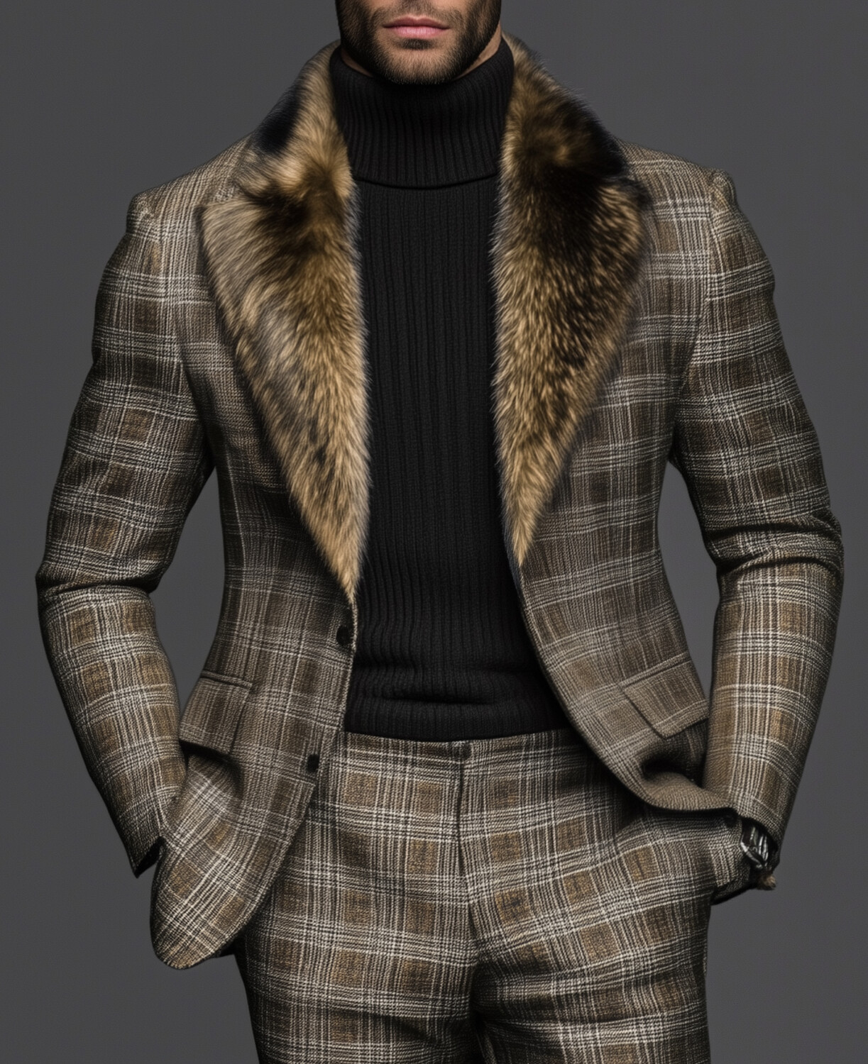 Okaywear Business Plush Trim Lapel Collar Plaid Blazer