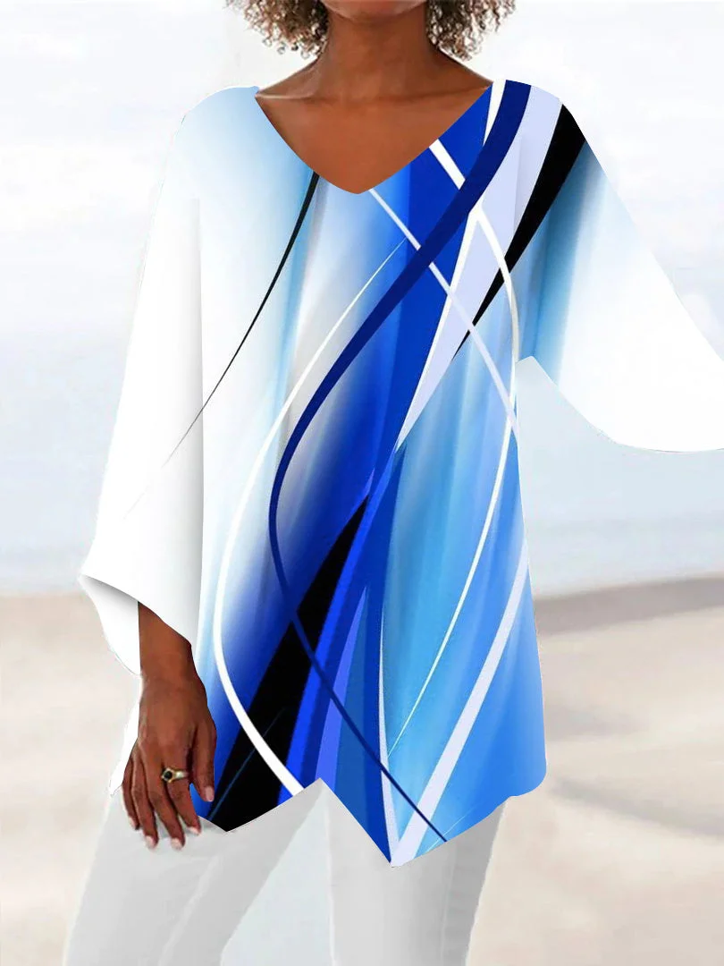Women plus size clothing Women Asymmetrical 3/4 Sleeve V-neck Striped Gradient Tops-Nordswear