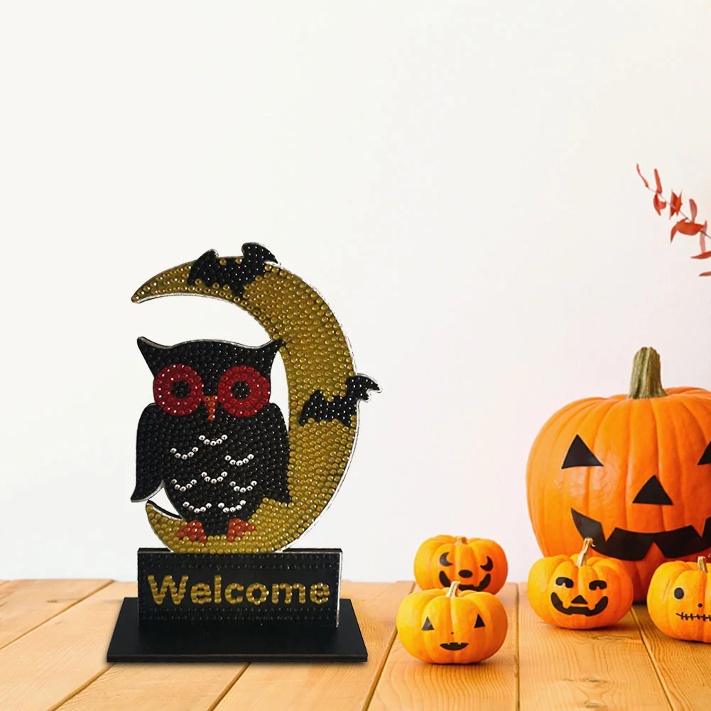 Halloween Wooden Spot Diamond Decoration Moon Owl (Single-sided Crystal Diamond)