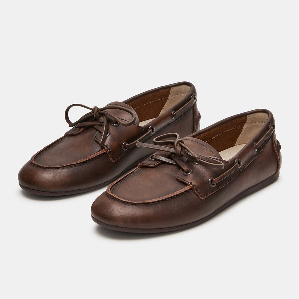 Lace Up Round Toe Distressed Brown Flat Loafer Shoes Women Nicepairs