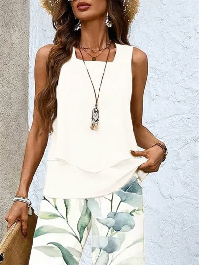 Women's Sleeveless Square Collar Floral Printed Casual Set