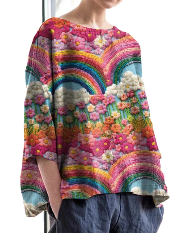 Vintage Floral Embroidery Print Crew Neck Linen Loose Top