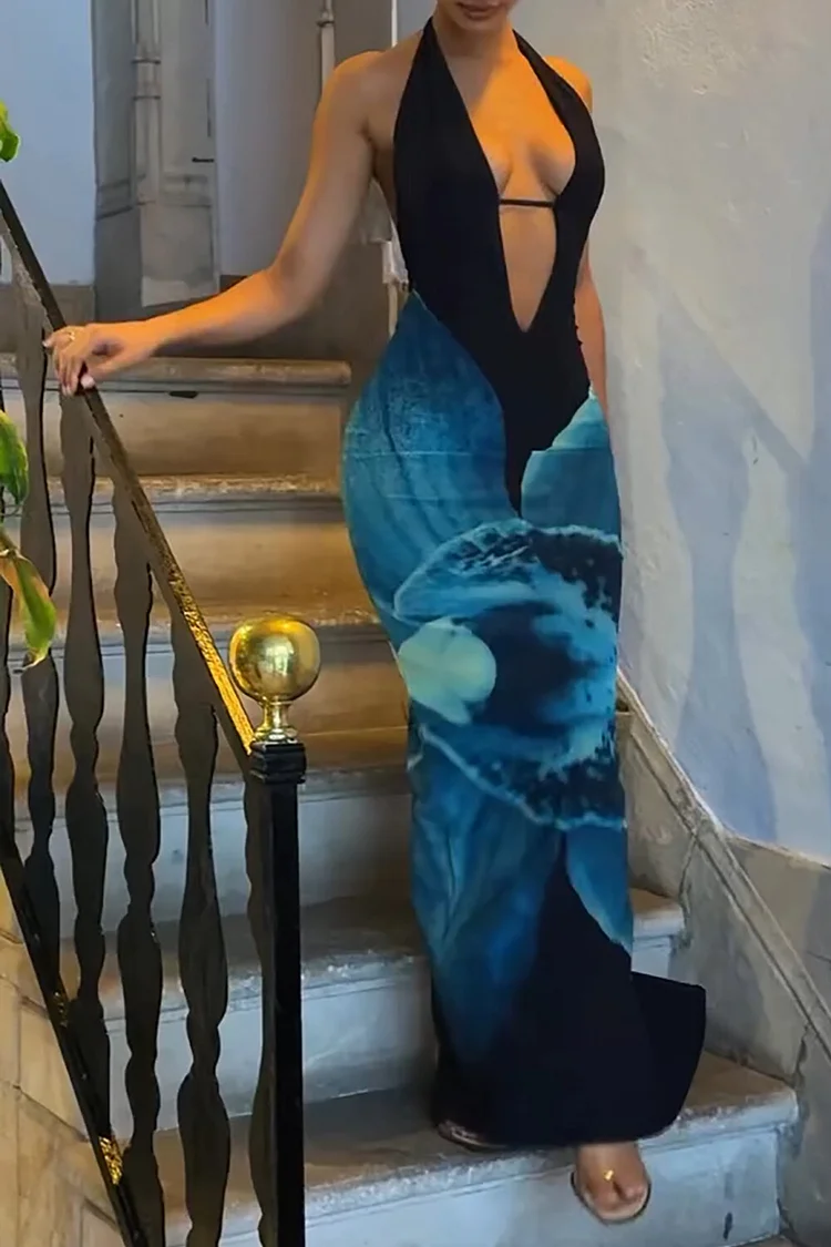 Plunge Neck Floral Print Bodycon Halter Slit Maxi Dresses-Blue