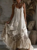 Women's Vintage White Rose Embroidery Pattern Sleeveless Dress