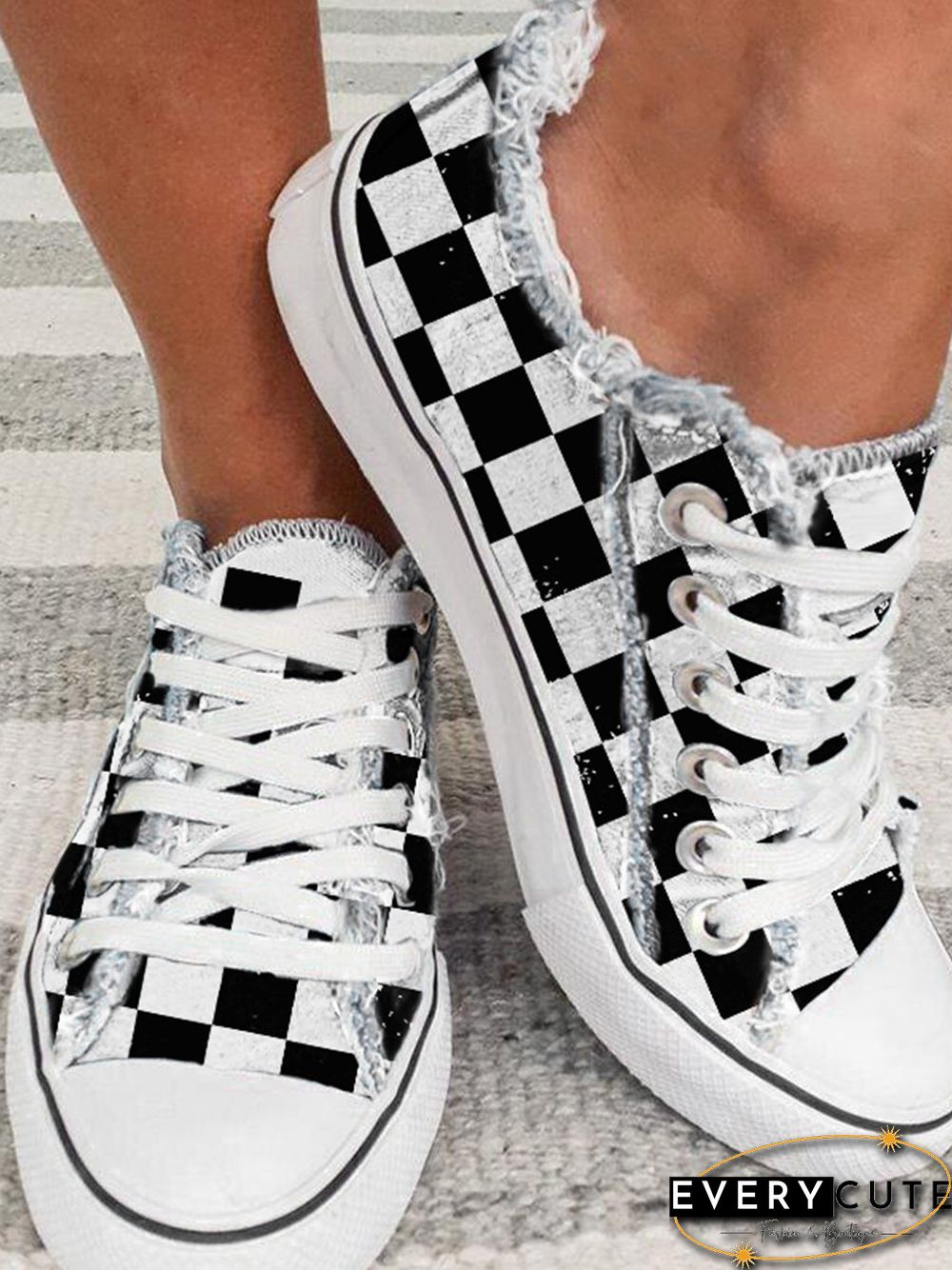 Black And White Checkerboard Graphic Distressed Canvas Flats